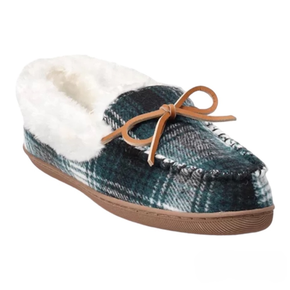 NWT Sonoma Goods For Life Plaid Felt Green & Ivory Moccasins Womens Size S (6-7) - Picture 1 of 9